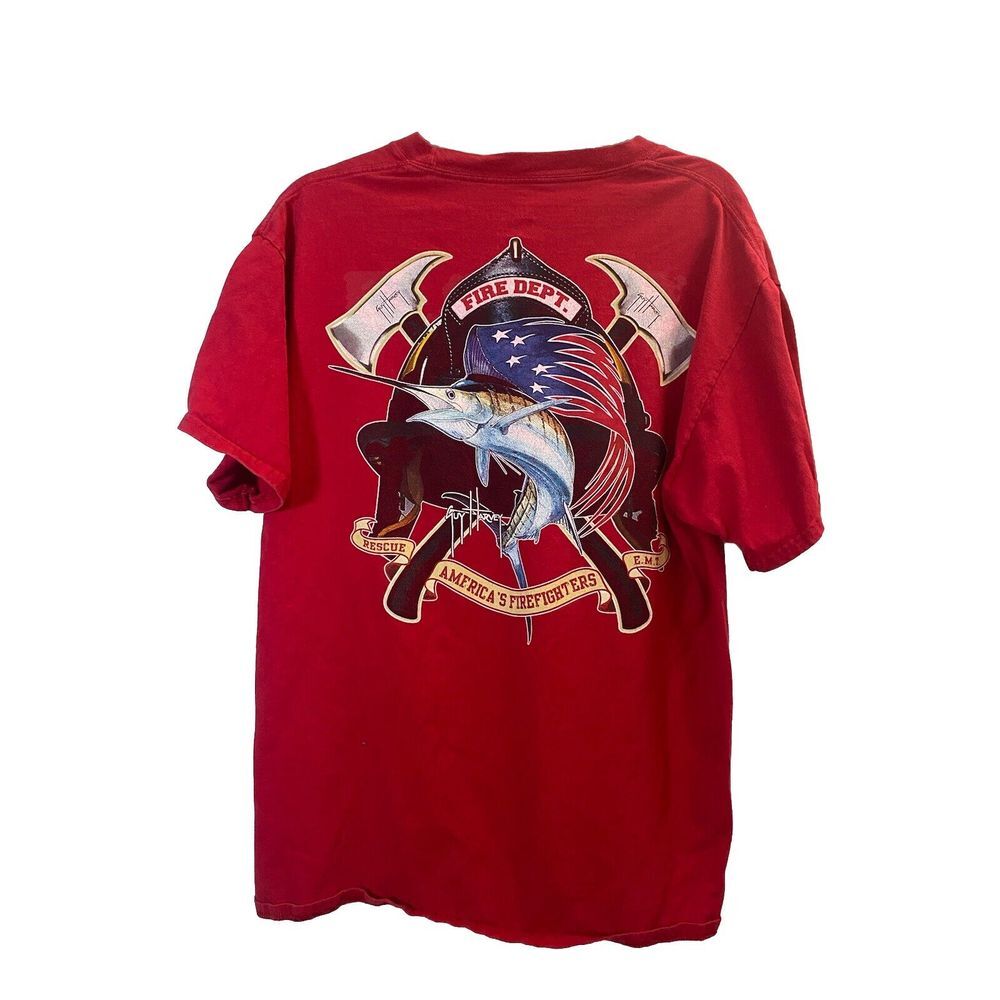 Guy Harvey BlueWater Firefighter Fire Department Swordfish Pocket T Shirt Size L